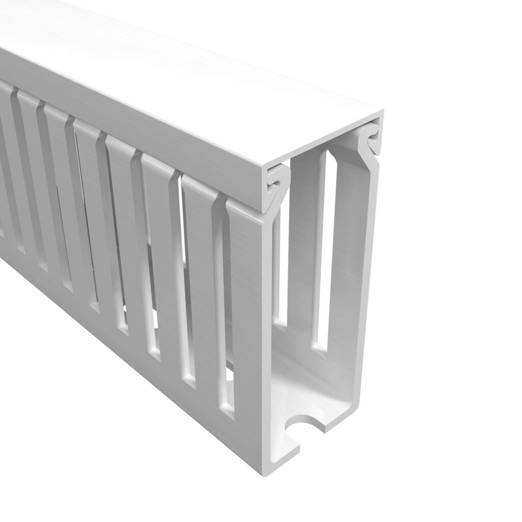 T1E-1022W-1 - Iboco T1E series open slot narrow finger wire duct, 1in width, 2.25in height, 6.5ft/2m length, white. Cover included.