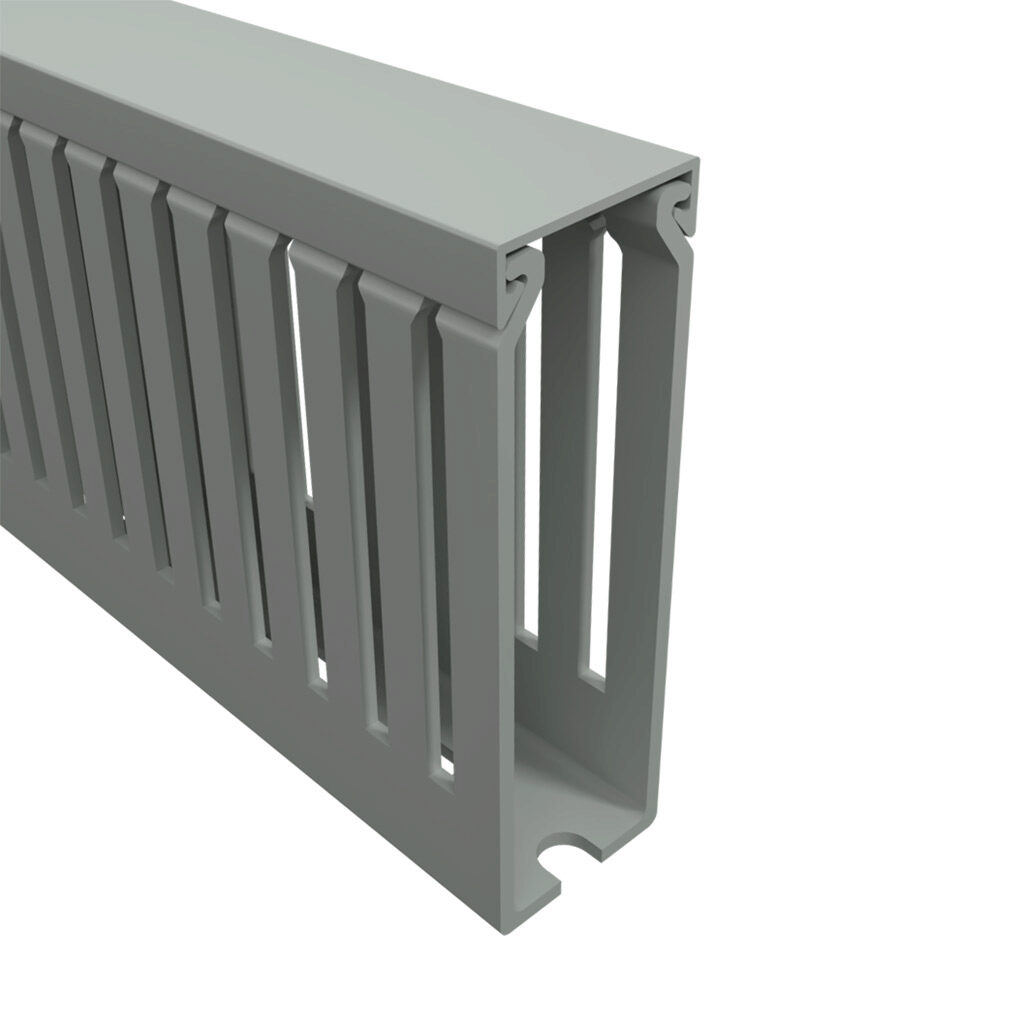 T1E-1030GA-1 - Iboco T1E series open slot narrow finger wire duct, self-adhesive, 1in width, 3in height, 6.5ft/2m length, gray. Cover included.
