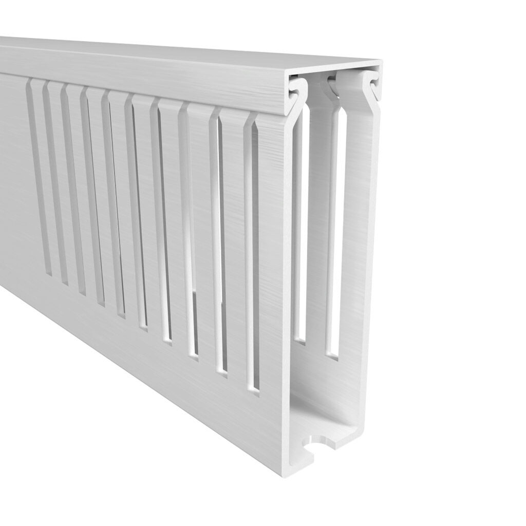 T1E-1030W-1 - Iboco T1E series open slot narrow finger wire duct, 1in width, 3in height, 6.5ft/2m length, white. Cover included.