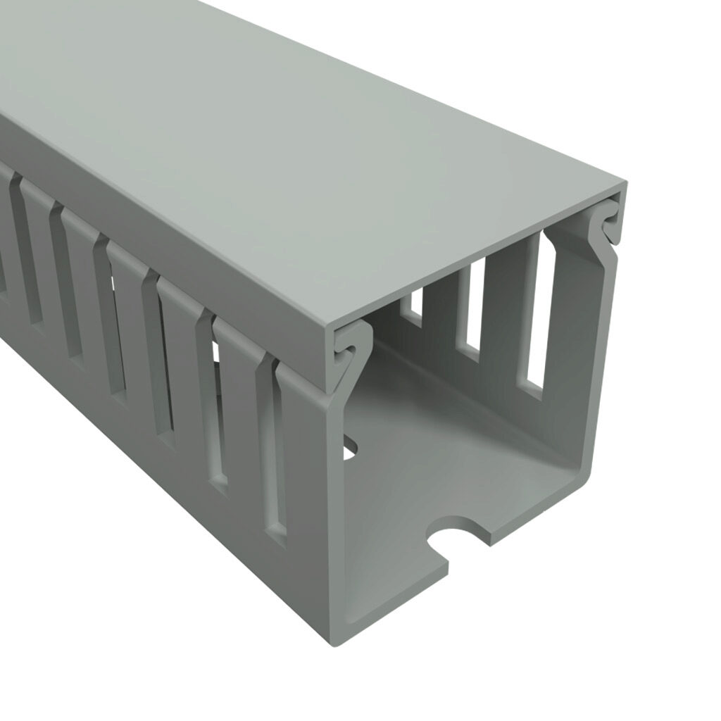 T1E-1515G-1 - Iboco T1E series open slot narrow finger wire duct, 1.5in width, 1.5in height, 6.5ft/2m length, gray. Cover included.