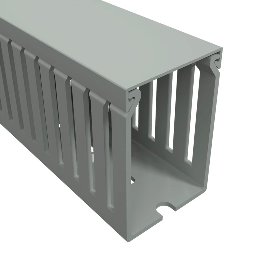 T1E-1522G1-1 - Iboco T1E series open slot narrow finger wire duct, 1.5in width, 2.25in height, 3.2ft/1m length, gray. Cover included.