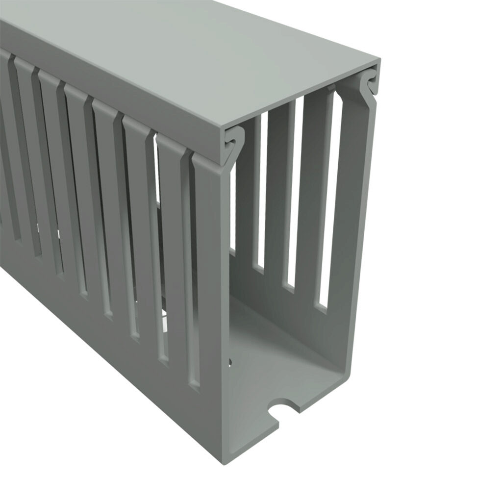 T1E-1530GA-1 - Iboco T1E series open slot narrow finger wire duct, self-adhesive, 1.5in width, 3in height, 6.5ft/2m length, gray. Cover included.