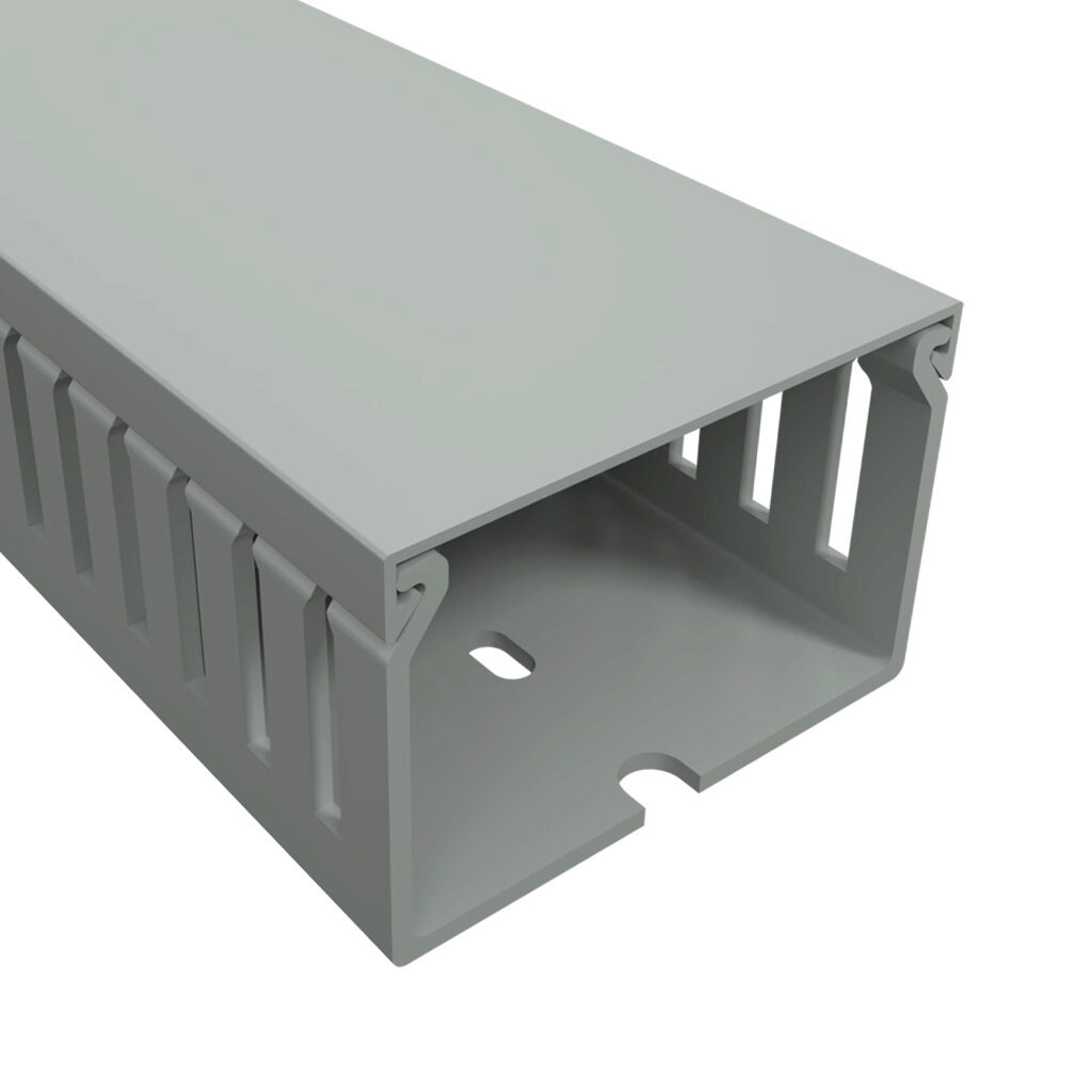 T1E-2215G-1 - Iboco T1E series open slot narrow finger wire duct, 2.25in width, 1.5in height, 6.5ft/2m length, gray. Cover included.