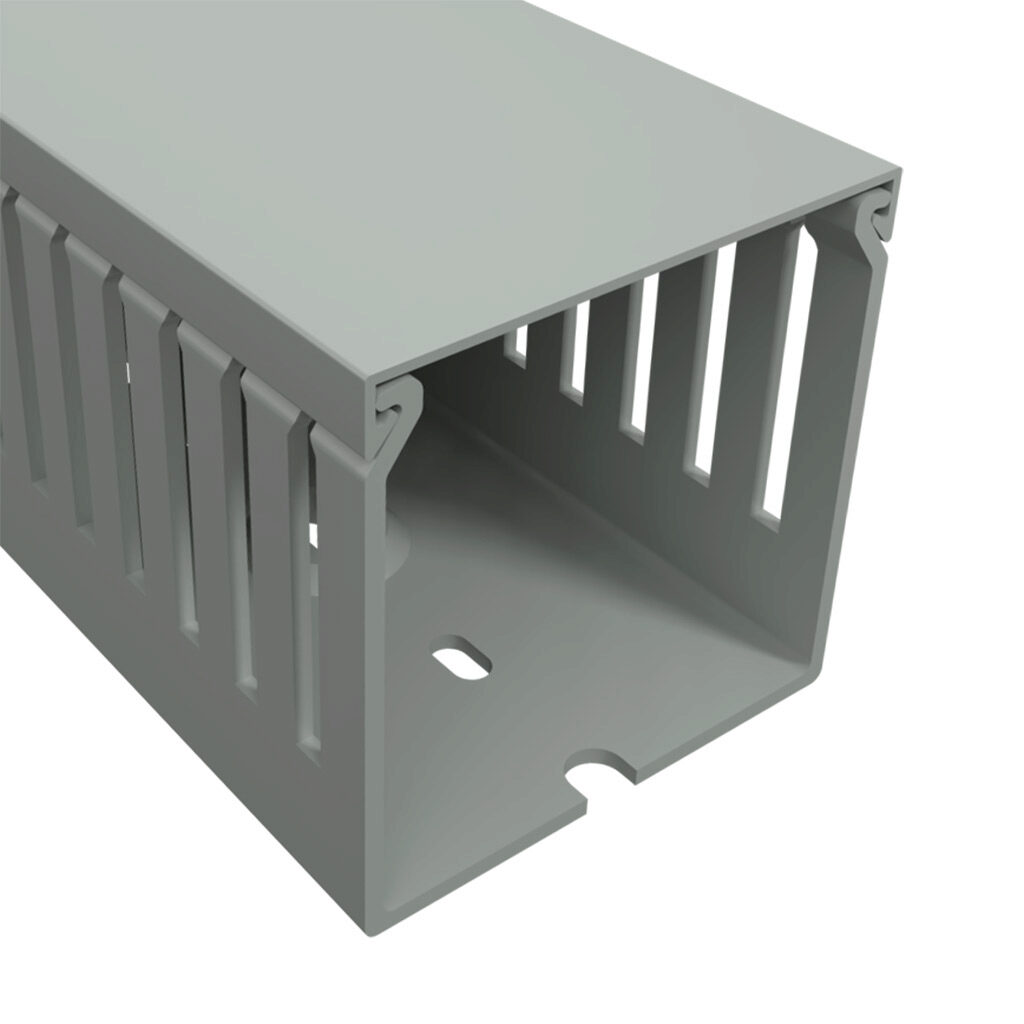 T1E-2222G1-1 - Iboco T1E series open slot narrow finger wire duct, 2.25in width, 2.25in height, 3.2ft/1m length, gray. Cover included.