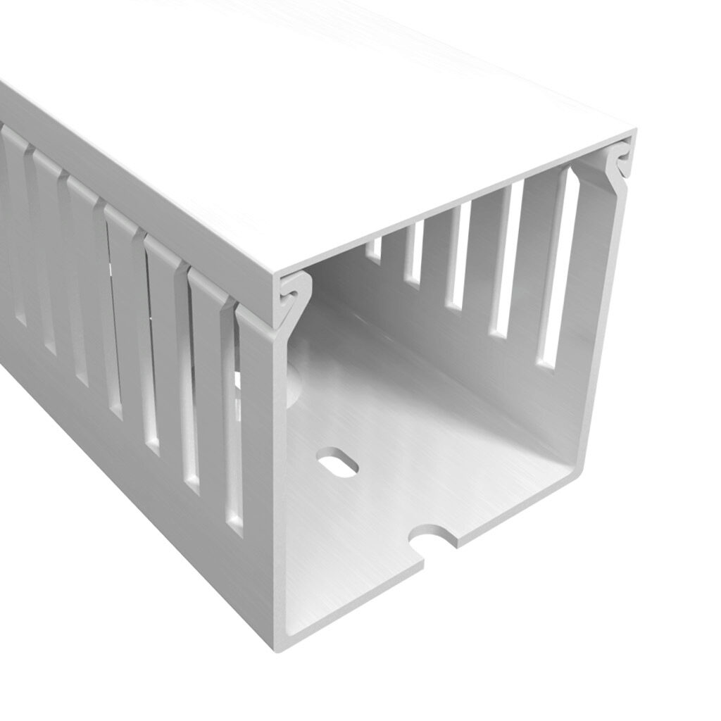 T1E-2222W-1 - Iboco T1E series open slot narrow finger wire duct, 2.25in width, 2.25in height, 6.5ft/2m length, white. Cover included.