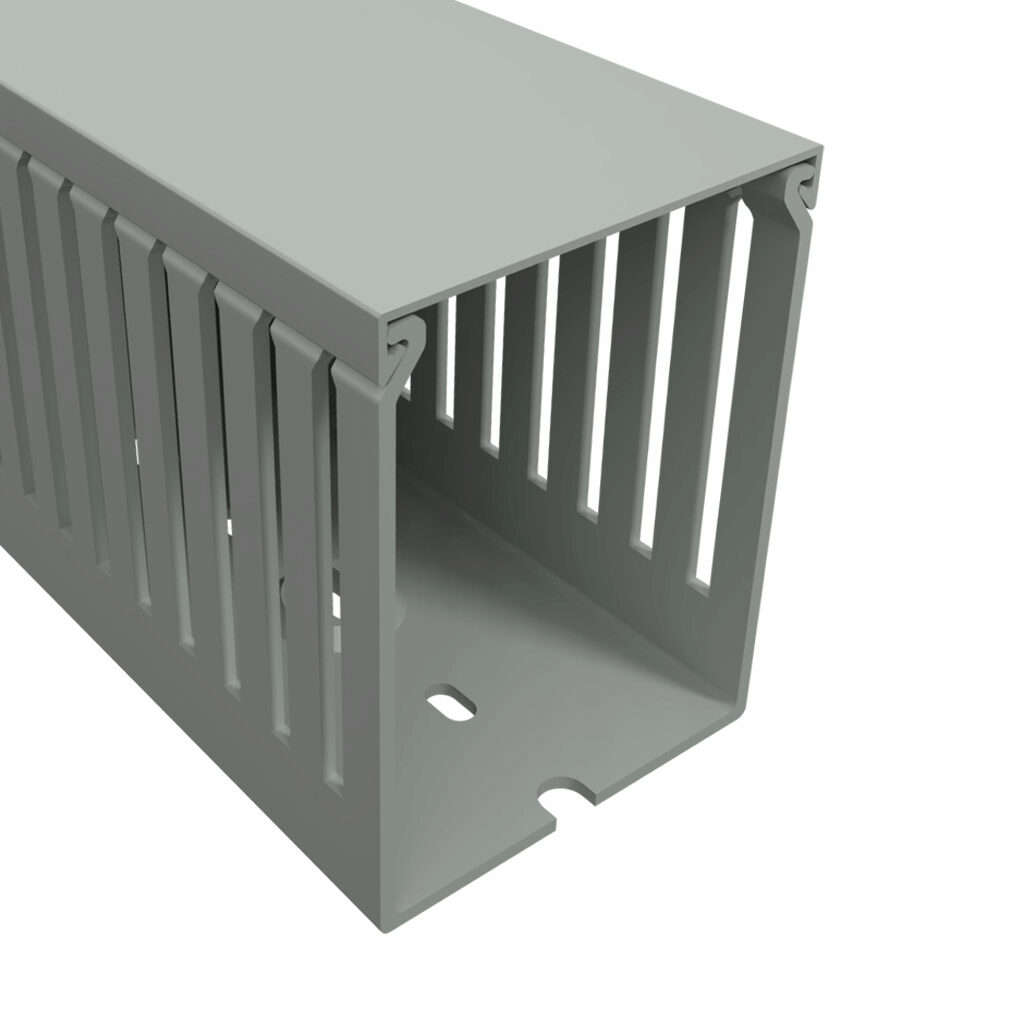 T1E-2230G-1 - Iboco T1E series open slot narrow finger wire duct, 2.25in width, 3in height, 6.5ft/2m length, gray. Cover included.