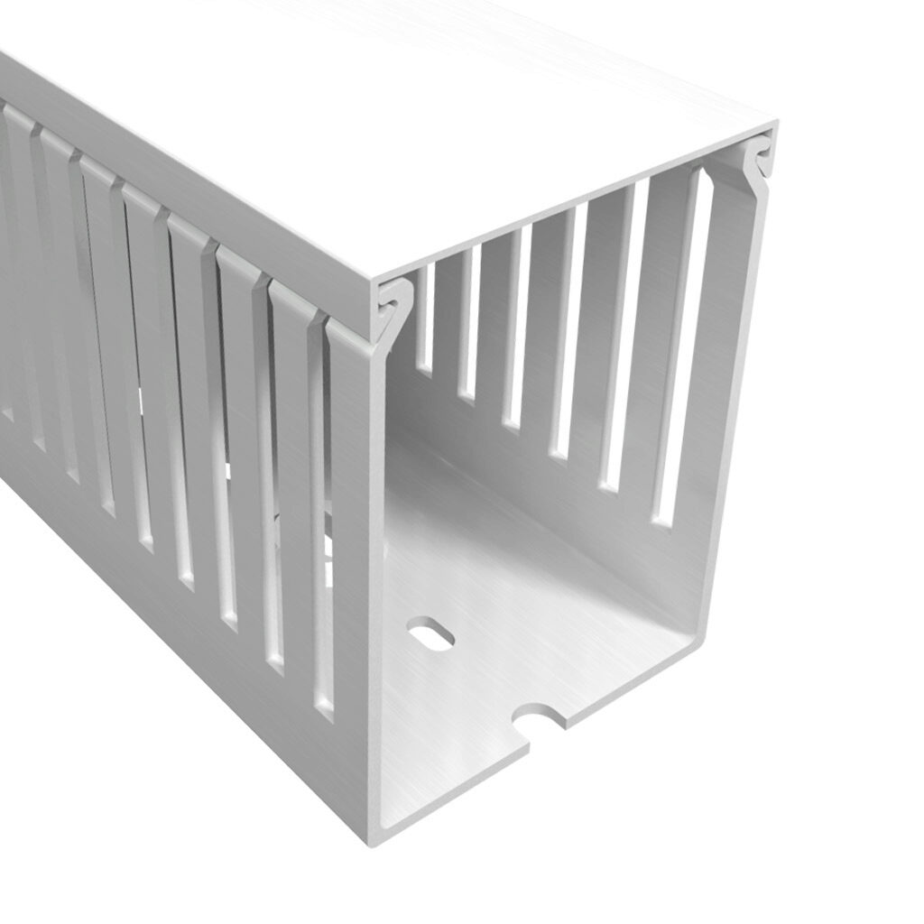 T1E-2230W-1 - Iboco T1E series open slot narrow finger wire duct, 2.25in width, 3in height, 6.5ft/2m length, white. Cover included.