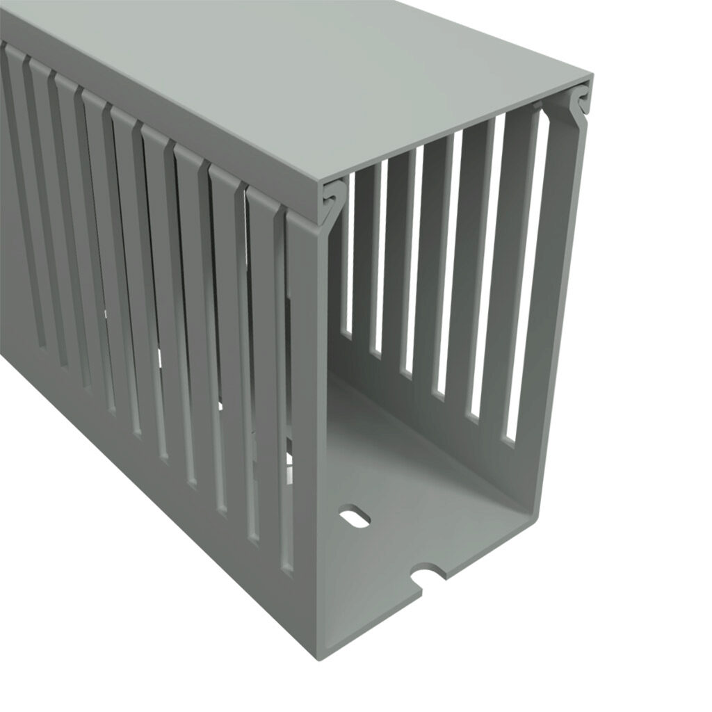 T1E-2240GA-1 - Iboco T1E series open slot narrow finger wire duct, self-adhesive, 2.25in width, 4in height, 6.5ft/2m length, gray. Cover included.