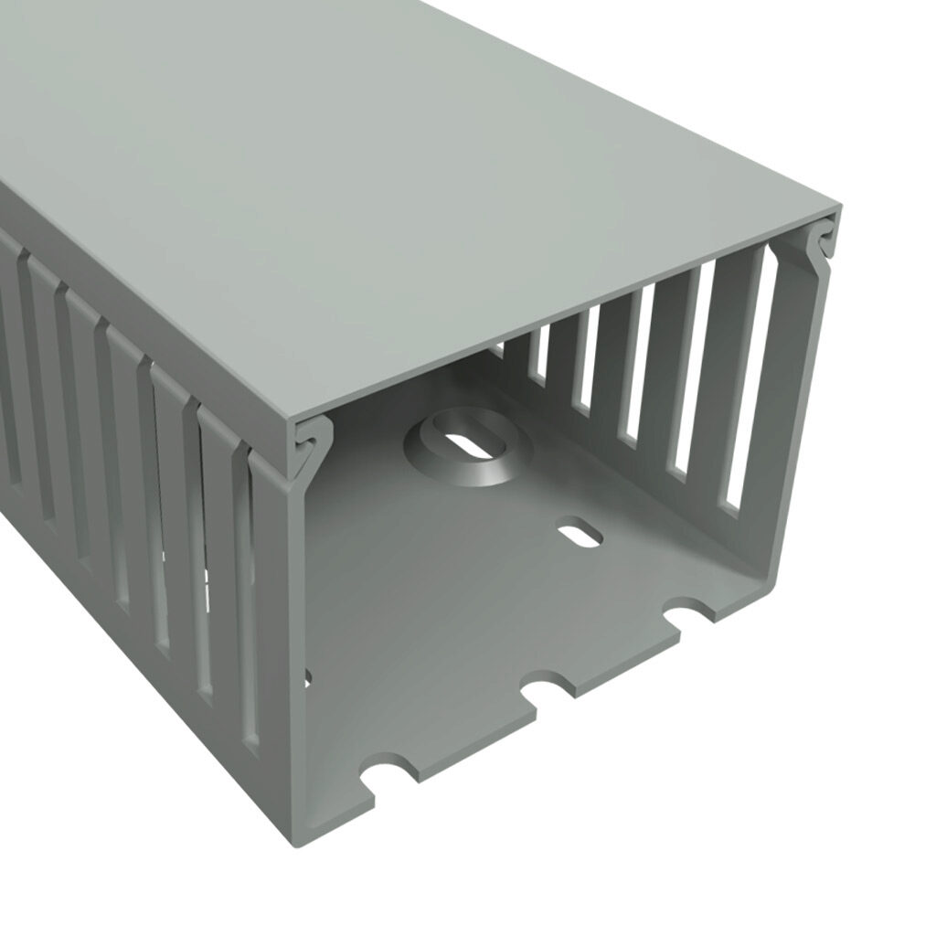 T1E-3022G-1 - Iboco T1E series open slot narrow finger wire duct, 3in width, 2.25in height, 6.5ft/2m length, gray. Cover included.