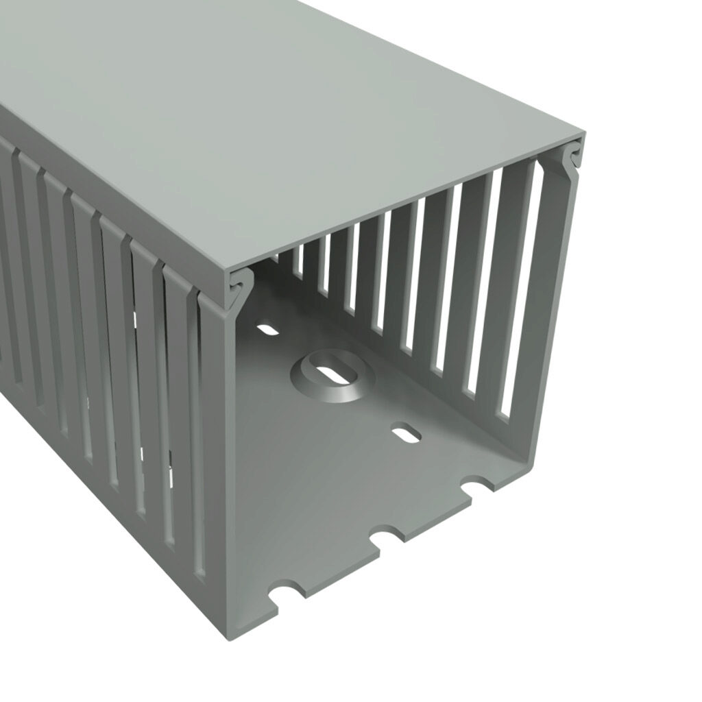 T1E-3030G-1 - Iboco T1E series open slot narrow finger wire duct, 3in width, 3in height, 6.5ft/2m length, gray. Cover included.