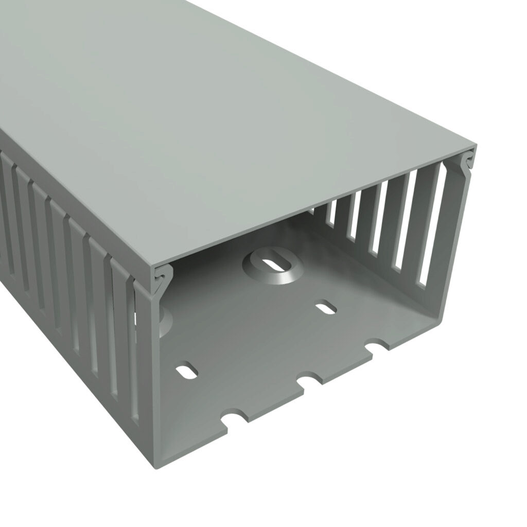 T1E-4022G-1 - Iboco T1E series open slot narrow finger wire duct, 4in width, 2.25in height, 6.5ft/2m length, gray. Cover included.