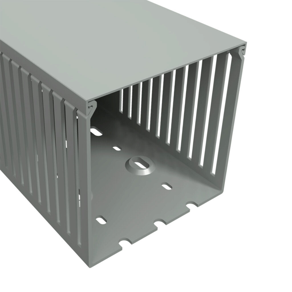 T1E-4040GA-1 - Iboco T1E series open slot narrow finger wire duct, self-adhesive, 4in width, 4in height, 6.5ft/2m length, gray. Cover included.