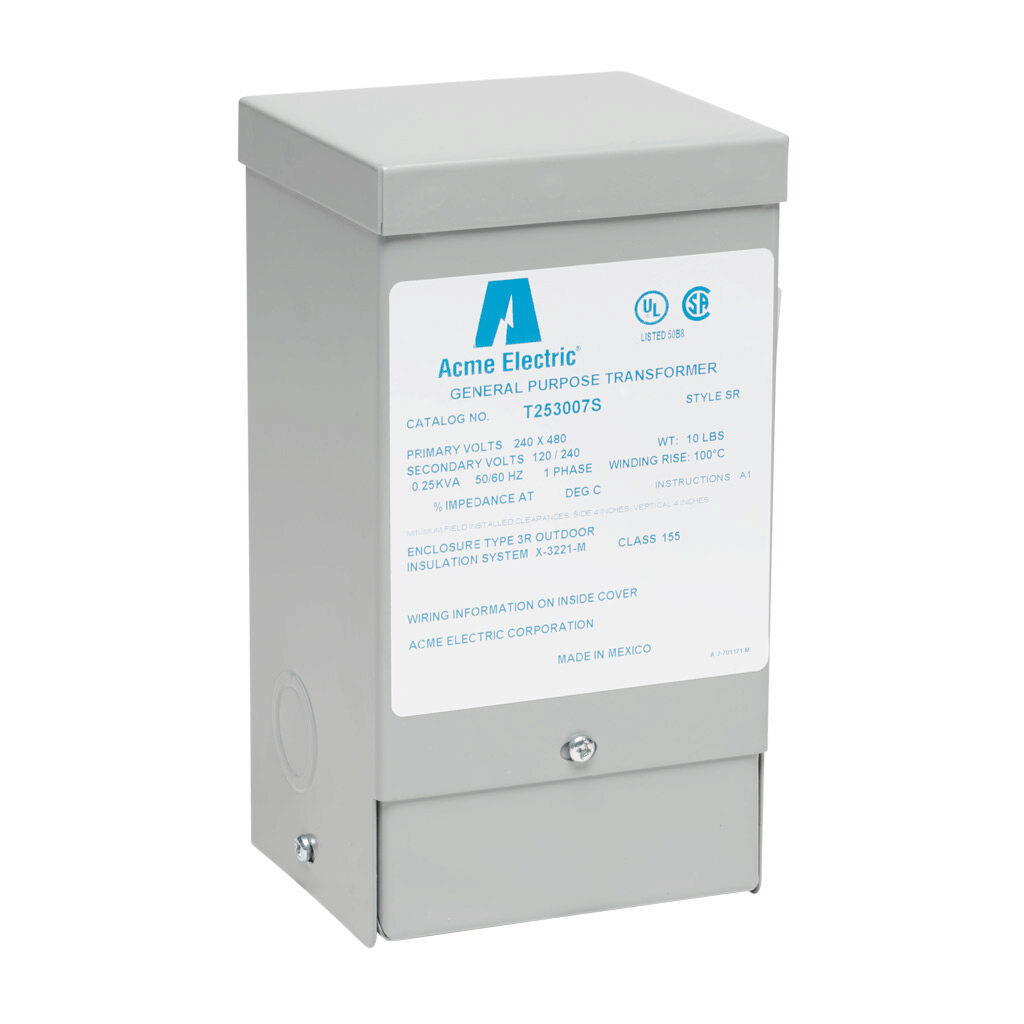 T253007S - ACME general purpose transformer, encapsulated core, 250 VA, 1-phase, 240/480 VAC, 120/240 VAC secondary, 50/60 Hz, electrostatic shield, NEMA 3R, wall mount.