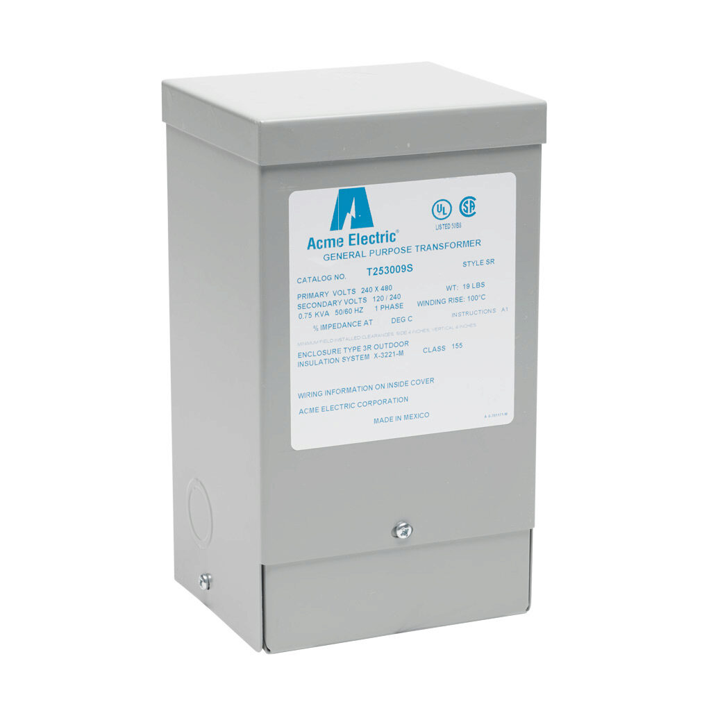 T253009S - ACME general purpose transformer, encapsulated core, 750 VA, 1-phase, 240/480 VAC, 120/240 VAC secondary, 50/60 Hz, electrostatic shield, NEMA 3R, wall mount.