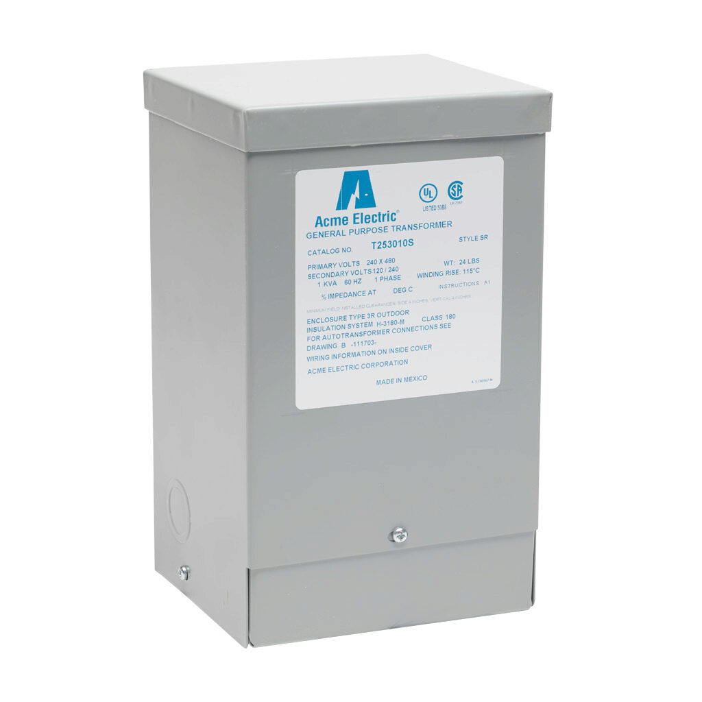 T253010S - ACME general purpose transformer, encapsulated core, 1 kVA, 1-phase, 240/480 VAC, 120/240 VAC secondary, 60 Hz, electrostatic shield, NEMA 3R, wall mount.