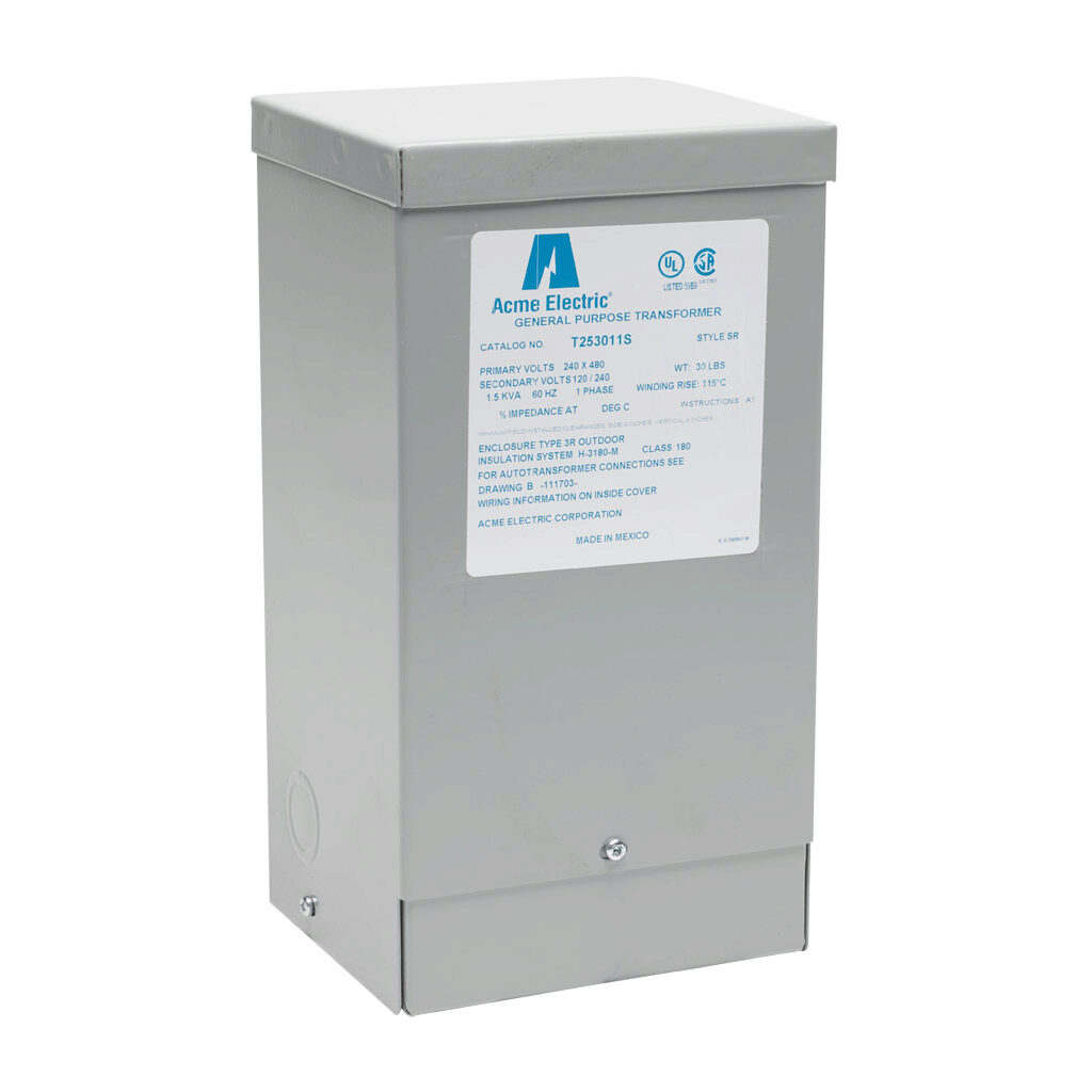 T253011S - ACME general purpose transformer, encapsulated core, 1.5 kVA, 1-phase, 240/480 VAC, 120/240 VAC secondary, 60 Hz, electrostatic shield, NEMA 3R, wall mount.