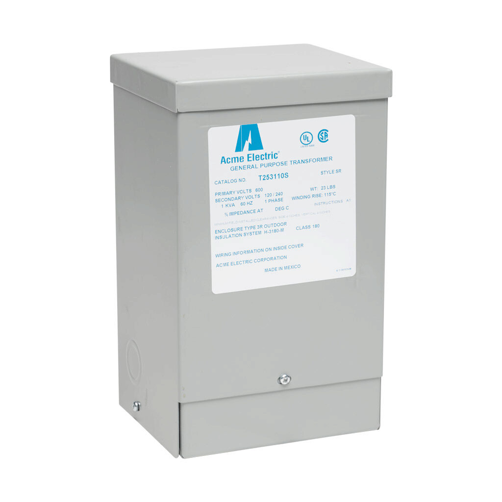 T253110S - ACME general purpose transformer, encapsulated core, 1 kVA, 1-phase, 600 VAC, 120/240 VAC secondary, 60 Hz, electrostatic shield, NEMA 3R, wall mount.