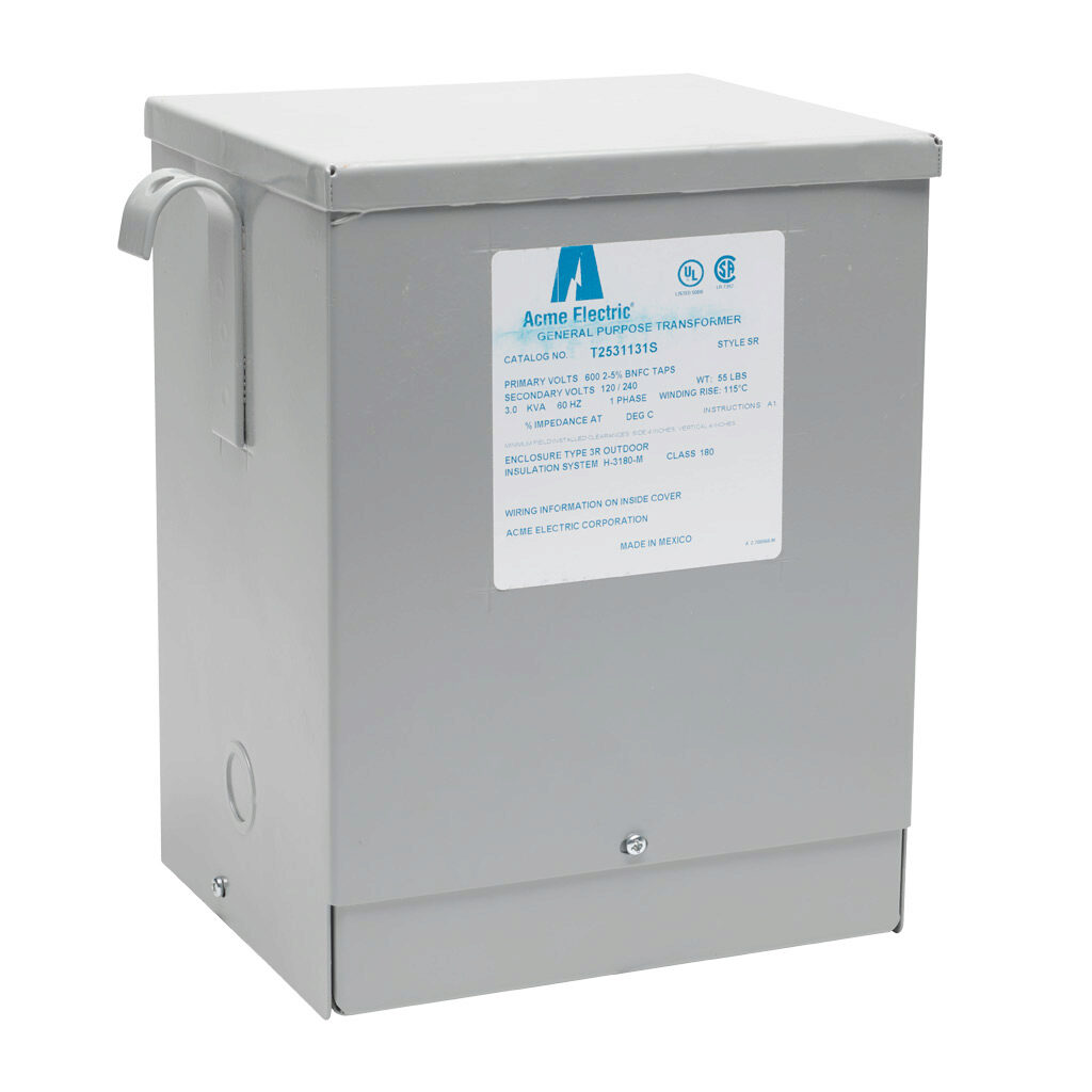 T2531131S - ACME general purpose transformer, encapsulated core, 3 kVA, 1-phase, 600 VAC, 120/240 VAC secondary, 60 Hz, electrostatic shield, NEMA 3R, wall mount.