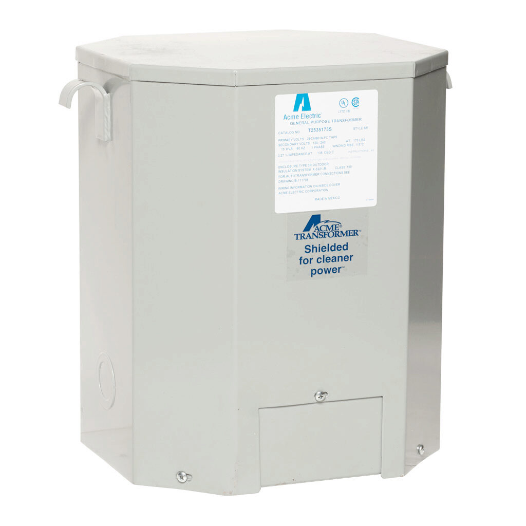 T2535173S - ACME general purpose transformer, encapsulated core, 15 kVA, 1-phase, 240/480 VAC, 120/240 VAC secondary, 60 Hz, electrostatic shield, NEMA 3R, wall mount.