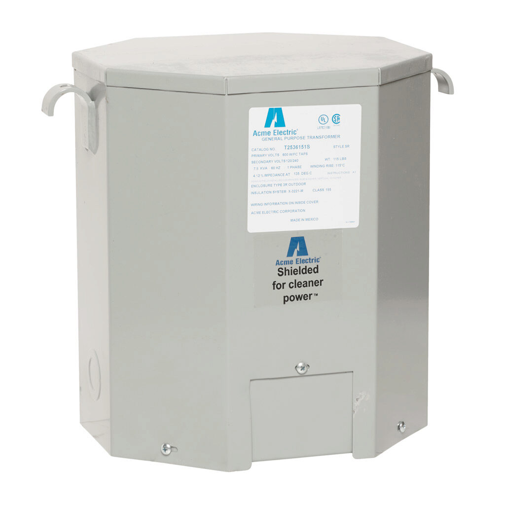 T2536151S - ACME general purpose transformer, encapsulated core, 7.5 kVA, 1-phase, 600 VAC, 120/240 VAC secondary, 60 Hz, electrostatic shield, NEMA 3R, wall mount.