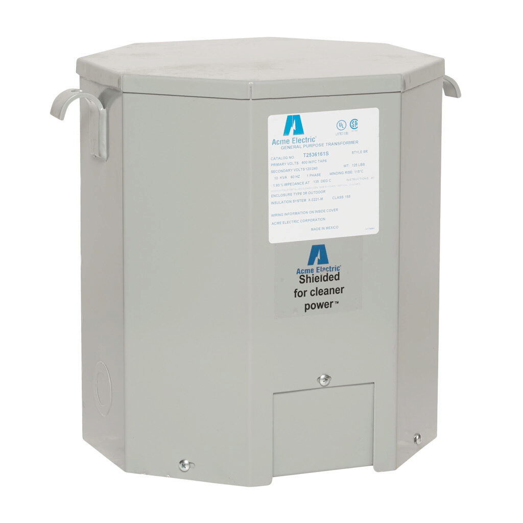 T2536161S - ACME general purpose transformer, encapsulated core, 10 kVA, 1-phase, 600 VAC, 120/240 VAC secondary, 60 Hz, electrostatic shield, NEMA 3R, wall mount.