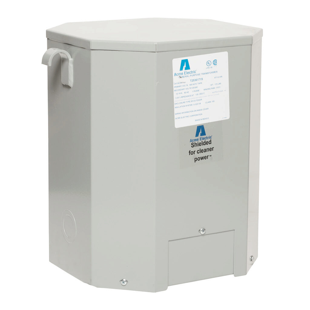 T2536171S - ACME general purpose transformer, encapsulated core, 15 kVA, 1-phase, 600 VAC, 120/240 VAC secondary, 60 Hz, electrostatic shield, NEMA 3R, wall mount.