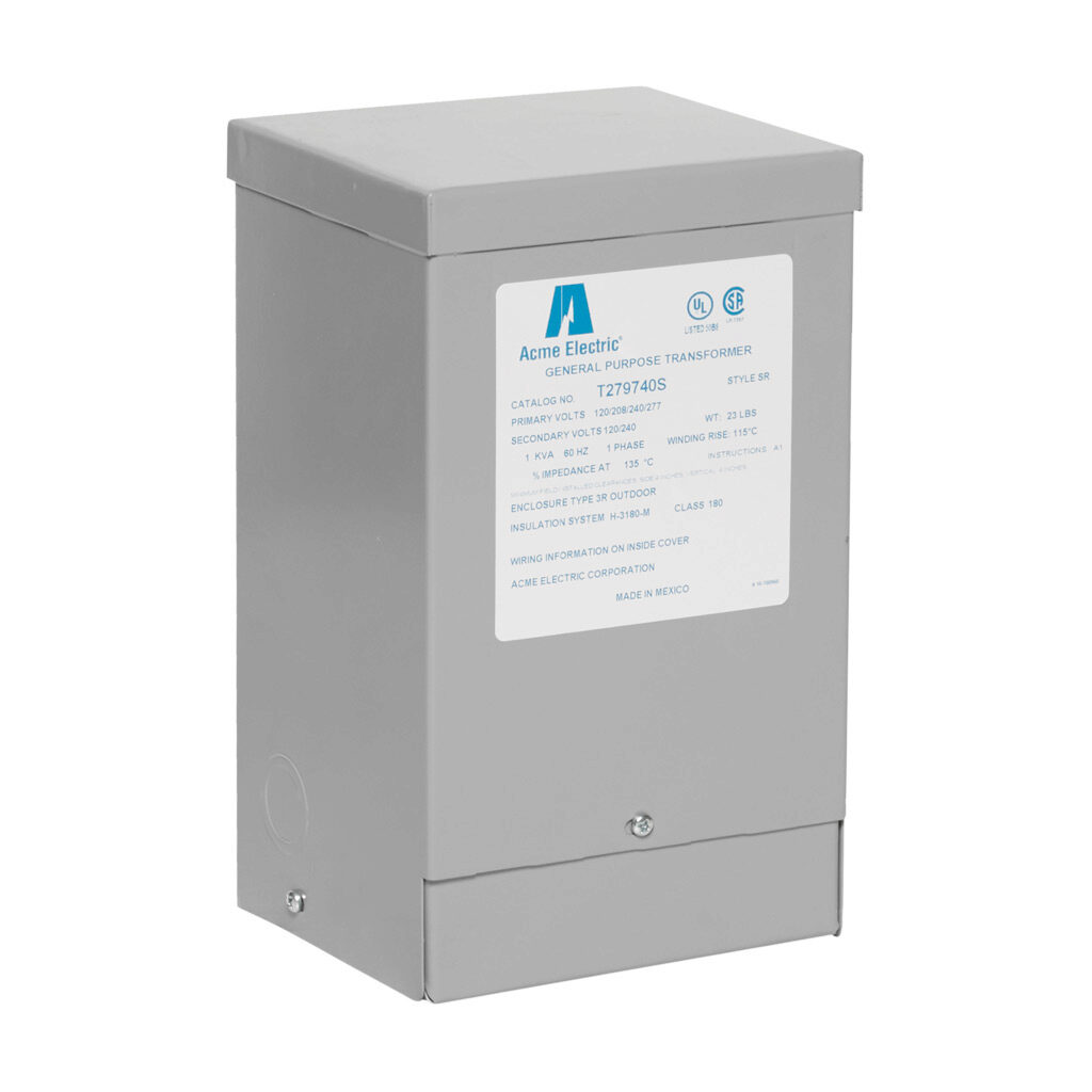 T279740S - ACME general purpose transformer, encapsulated core, 1 kVA, 1-phase, 120-277 VAC selectable, 120/240 VAC secondary, 60 Hz, electrostatic shield, NEMA 3R, wall mount.