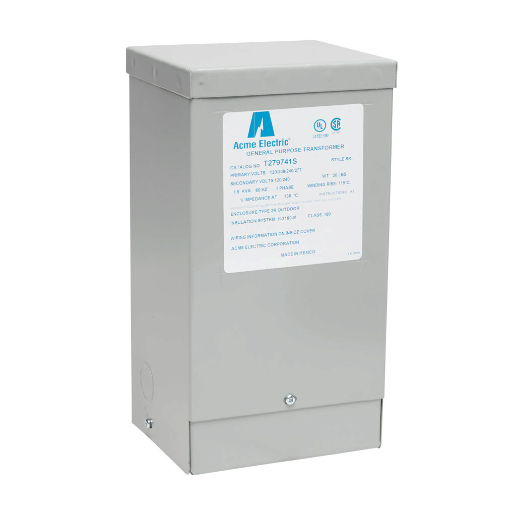 T279741S - ACME general purpose transformer, encapsulated core, 1.5 kVA, 1-phase, 120-277 VAC selectable, 120/240 VAC secondary, 60 Hz, electrostatic shield, NEMA 3R, wall mount.