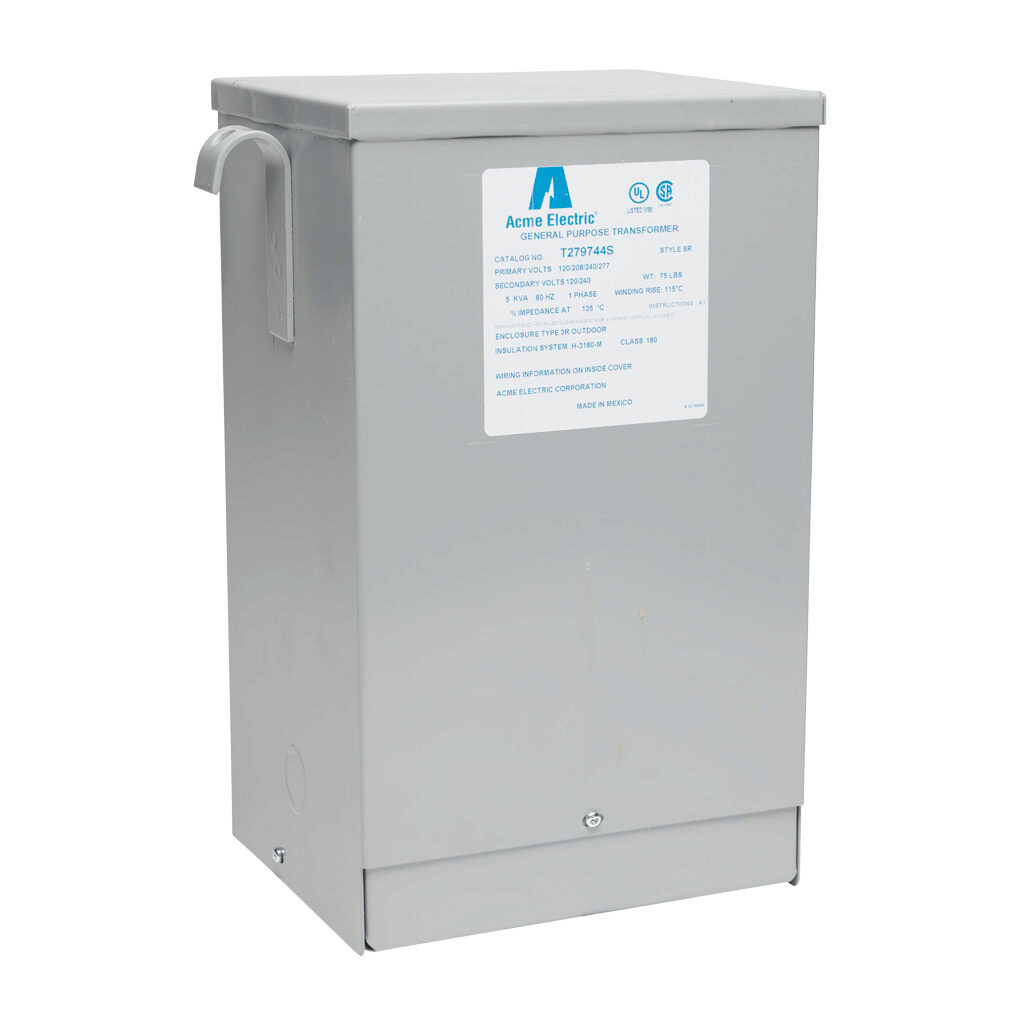 T279744S - ACME general purpose transformer, encapsulated core, 5 kVA, 1-phase, 120-277 VAC selectable, 120/240 VAC secondary, 60 Hz, electrostatic shield, NEMA 3R, wall mount.