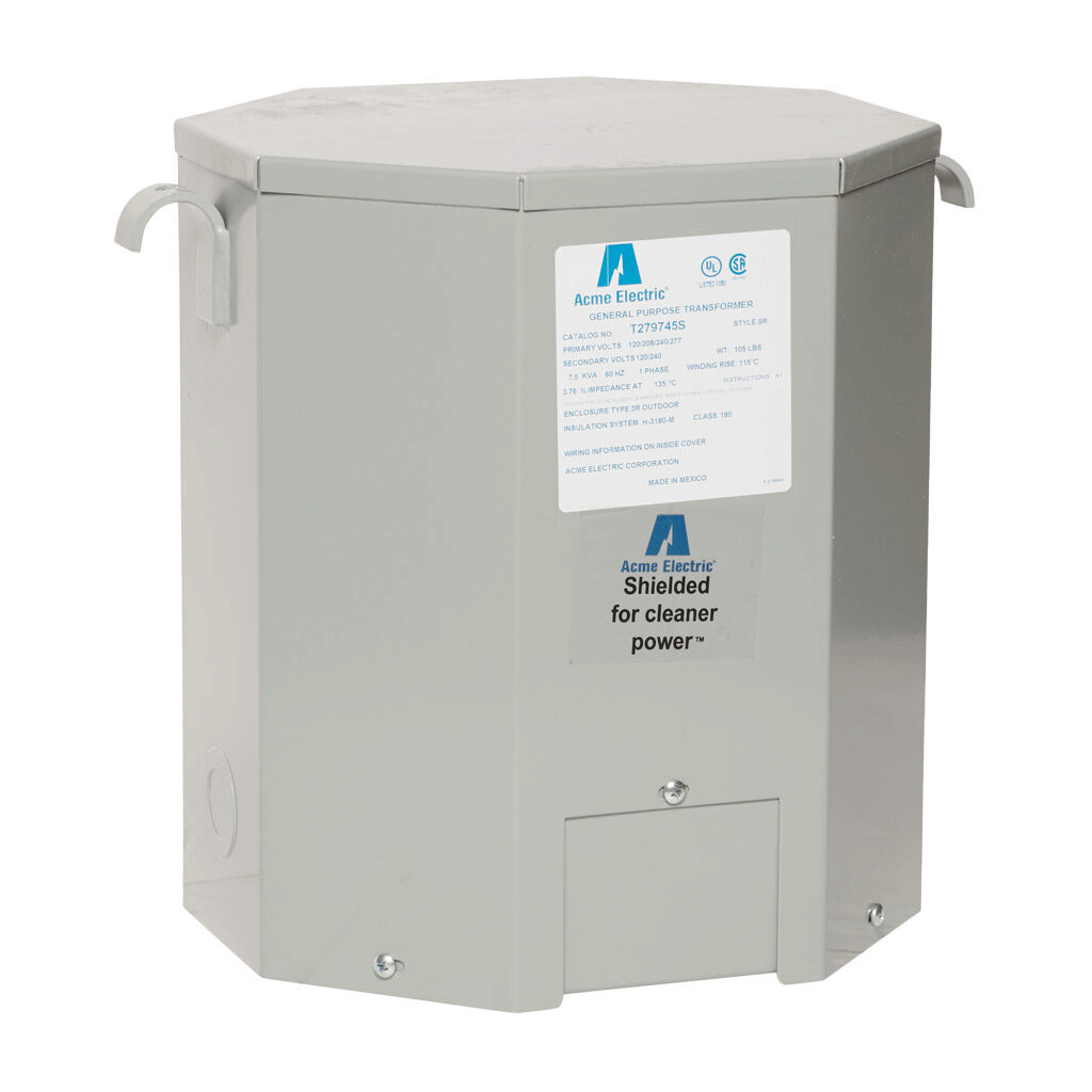 T279745S - ACME general purpose transformer, encapsulated core, 7.5 kVA, 1-phase, 120-277 VAC selectable, 120/240 VAC secondary, 60 Hz, electrostatic shield, NEMA 3R, wall mount.