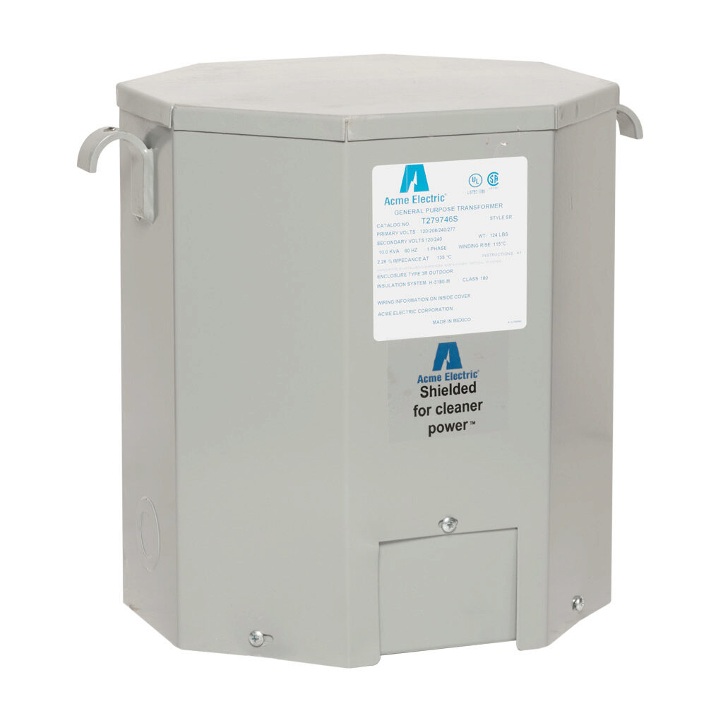 T279746S - ACME general purpose transformer, encapsulated core, 10 kVA, 1-phase, 120-277 VAC selectable, 120/240 VAC secondary, 60 Hz, electrostatic shield, NEMA 3R, wall mount.