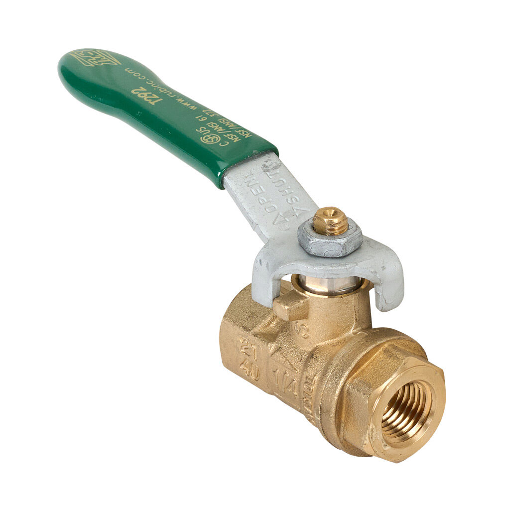 T292B41 - RuB T292 potable water manual ball valve, 2-port (2-way), 2-position, lead-free brass body, PTFE seal(s), 1/4in female NPT inlet(s), 1/4in female NPT outlet(s), Cv=4.5, NSF/ANSI 61 and NSF/ANSI 372.