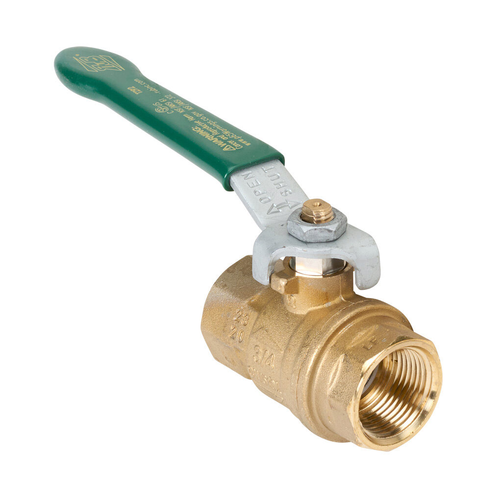 T292E41 - RuB T292 potable water manual ball valve, 2-port (2-way), 2-position, lead-free brass body, PTFE seal(s), 3/4in female NPT inlet(s), 3/4in female NPT outlet(s), Cv=48.5, NSF/ANSI 61 and NSF/ANSI 372.