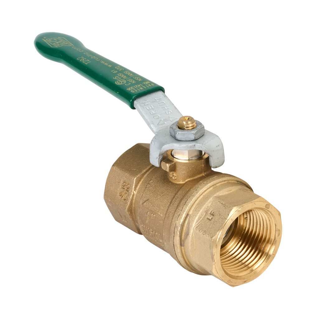 T292F41 - RuB T292 potable water manual ball valve, 2-port (2-way), 2-position, lead-free brass body, PTFE seal(s), 1in female NPT inlet(s), 1in female NPT outlet(s), Cv=80.9, NSF/ANSI 61 and NSF/ANSI 372.