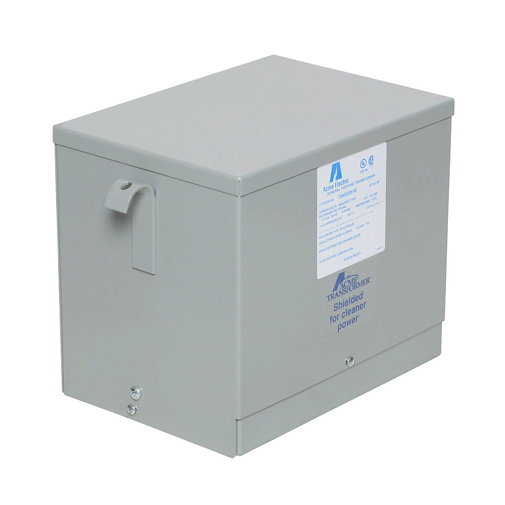 T2A533291S - ACME general purpose transformer, encapsulated core, 6 kVA, 3-phase, 480 VAC Delta, 240/120 VAC Delta (center tap) secondary, 60 Hz, electrostatic shield, NEMA 3R, wall mount.