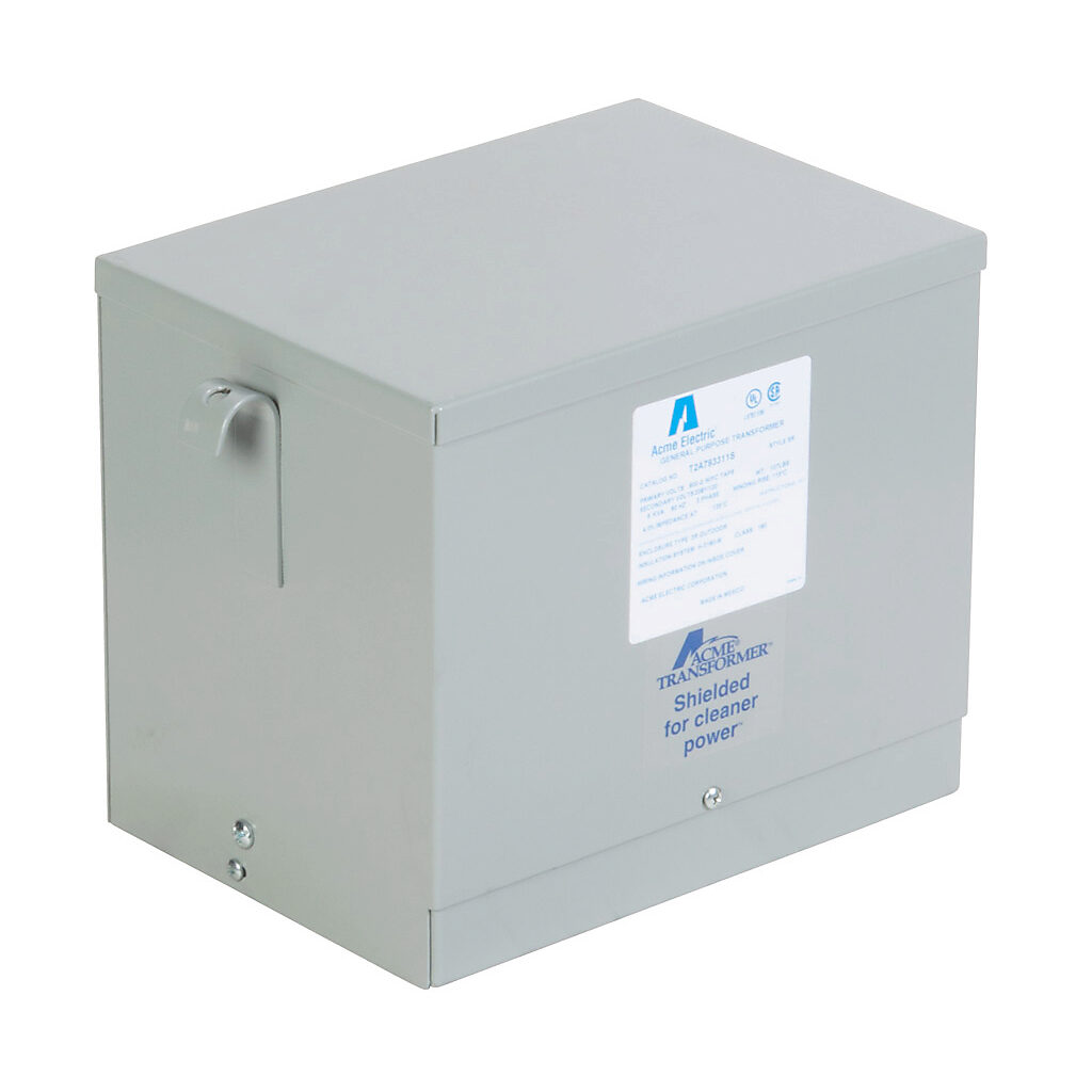 T2A793311S - ACME general purpose transformer, encapsulated core, 6 kVA, 3-phase, 600 VAC Delta, 208Y/120 VAC secondary, 60 Hz, electrostatic shield, NEMA 3R, wall mount.