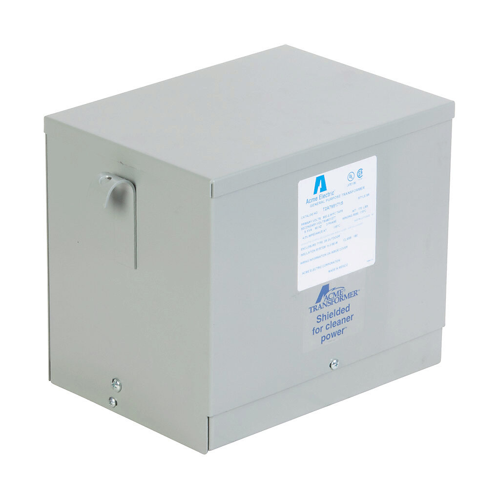 T2A795171S - ACME general purpose transformer, encapsulated core, 6 kVA, 3-phase, 600 VAC Delta, 480Y/277 VAC secondary, 60 Hz, electrostatic shield, NEMA 3R, wall mount.