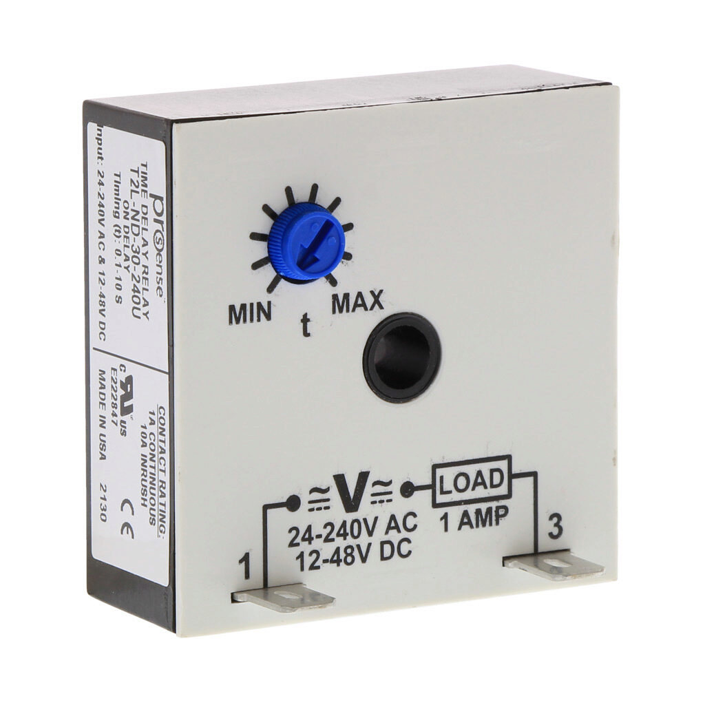 T2L-ND-30-240U - ProSense on-delay inline relay timer, 0.1 to 10 seconds timing range, 24-240 VAC and 12-48 VDC operating voltage, 1A contact rating, (1) SPNO timed solid state relay output(s), surface mount, 1/4in male quick-connect terminal.