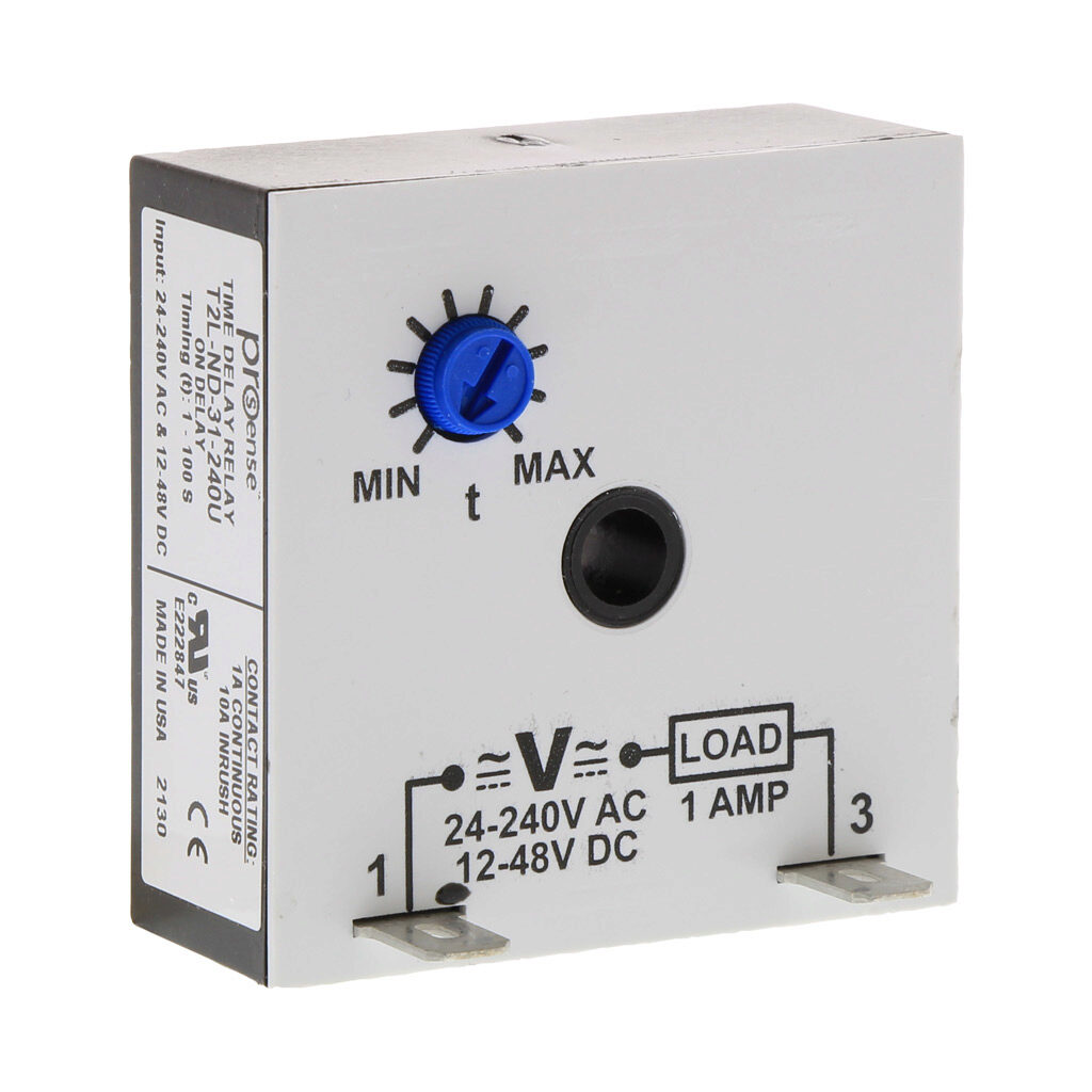 T2L-ND-31-240U - ProSense on-delay inline relay timer, 1 to 100 seconds timing range, 24-240 VAC and 12-48 VDC operating voltage, 1A contact rating, (1) SPNO timed solid state relay output(s), surface mount, 1/4in male quick-connect terminal.