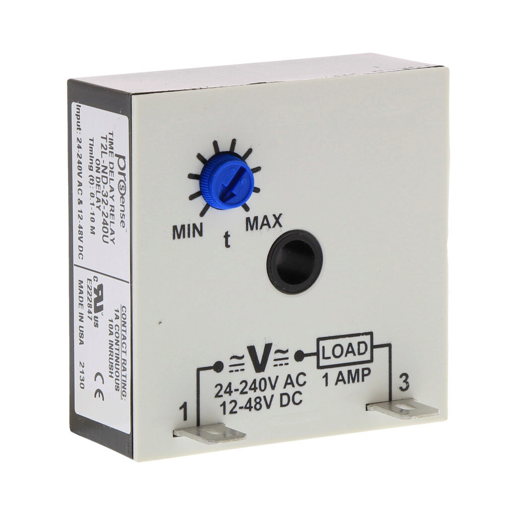 T2L-ND-32-240U - ProSense on-delay inline relay timer, 0.1 to 10 minutes timing range, 24-240 VAC and 12-48 VDC operating voltage, 1A contact rating, (1) SPNO timed solid state relay output(s), surface mount, 1/4in male quick-connect terminal.
