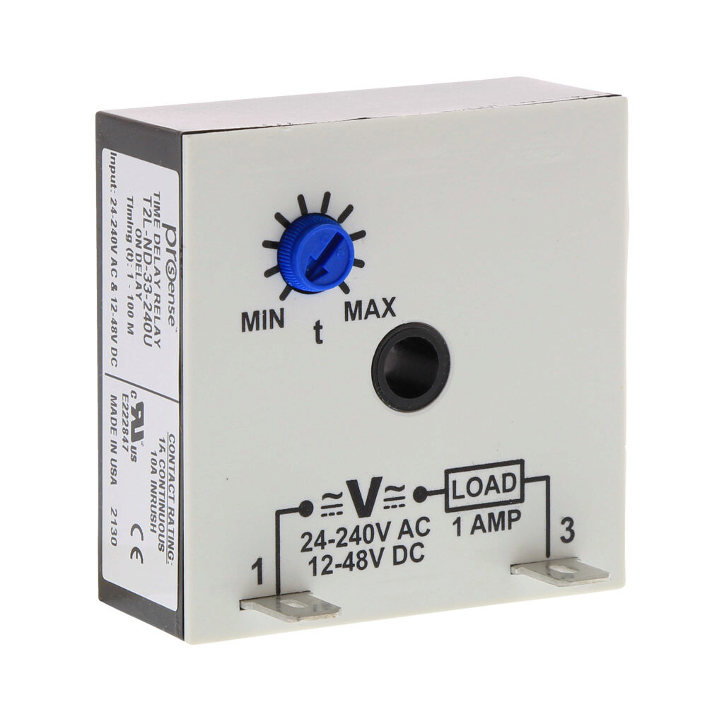 T2L-ND-33-240U - ProSense on-delay inline relay timer, 1 to 100 minutes timing range, 24-240 VAC and 12-48 VDC operating voltage, 1A contact rating, (1) SPNO timed solid state relay output(s), surface mount, 1/4in male quick-connect terminal.
