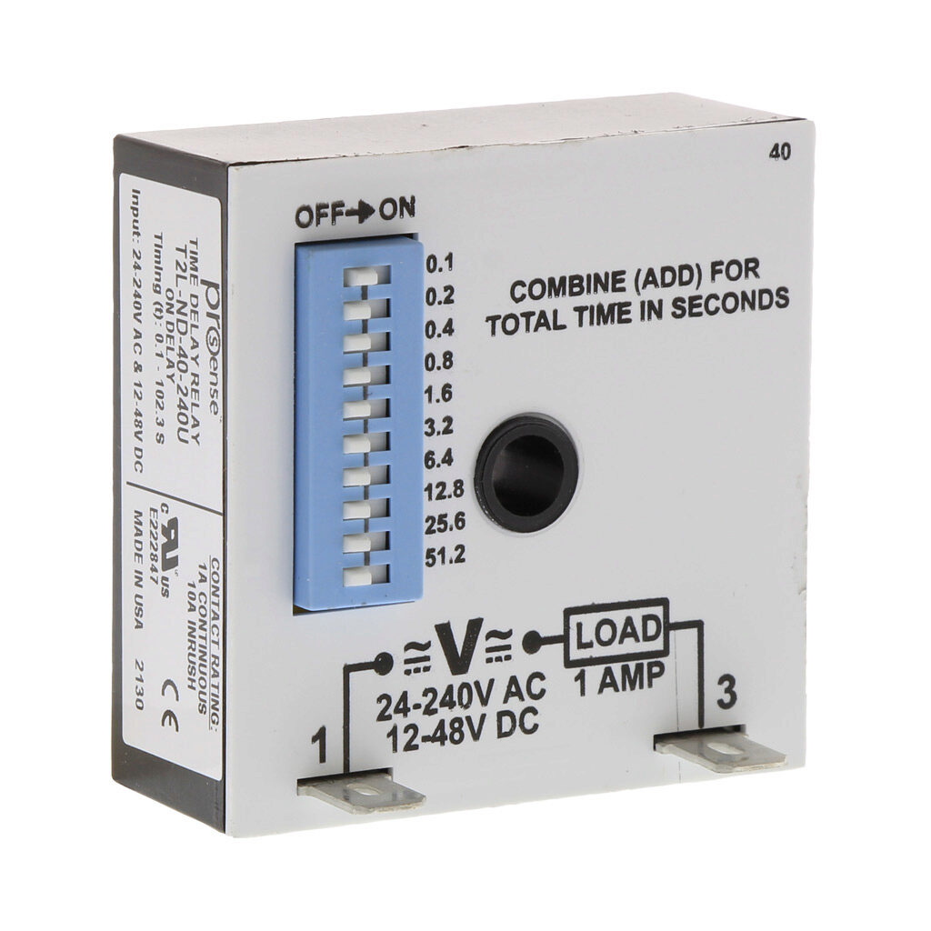 T2L-ND-40-240U - ProSense on-delay inline relay timer, 0.1 to 102.3 seconds selectable timing range, 24-240 VAC and 12-48 VDC operating voltage, 1A contact rating, (1) SPNO timed solid state relay output(s), surface mount, 1/4in male quick-connect...