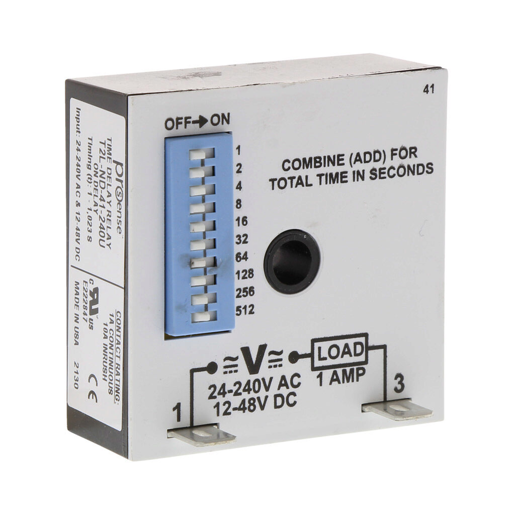 T2L-ND-41-240U - ProSense on-delay inline relay timer, 1 to 1,023 seconds selectable timing range, 24-240 VAC and 12-48 VDC operating voltage, 1A contact rating, (1) SPNO timed solid state relay output(s), surface mount, 1/4in male quick-connect t...