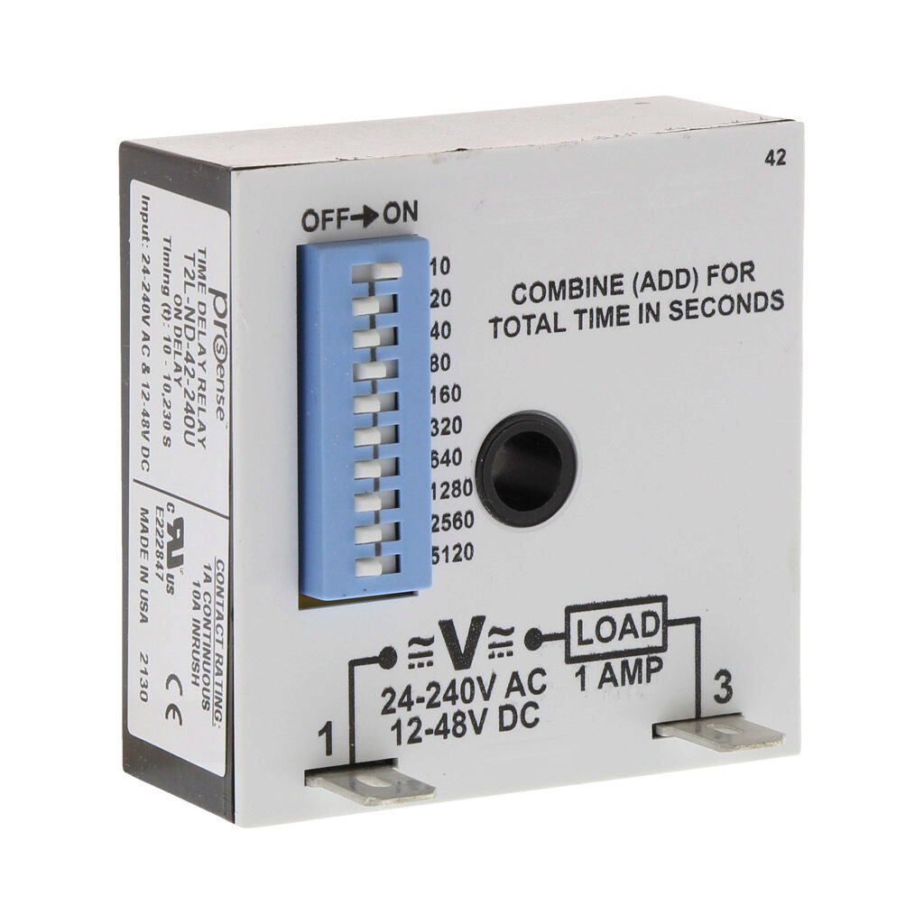 T2L-ND-42-240U - ProSense on-delay inline relay timer, 10 to 10,230 seconds selectable timing range, 24-240 VAC and 12-48 VDC operating voltage, 1A contact rating, (1) SPNO timed solid state relay output(s), surface mount, 1/4in male quick-connect...