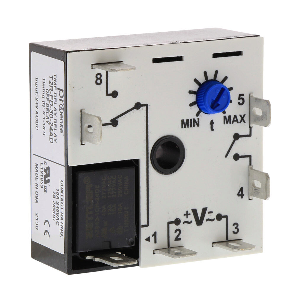 T2R-FD-30-24AD - ProSense off-delay relay timer, 0.1 to 10 seconds timing range, 24 VAC/VDC operating voltage, 10A contact rating, (1) SPDT timed relay output(s), surface mount, 1/4in male quick-connect terminal.
