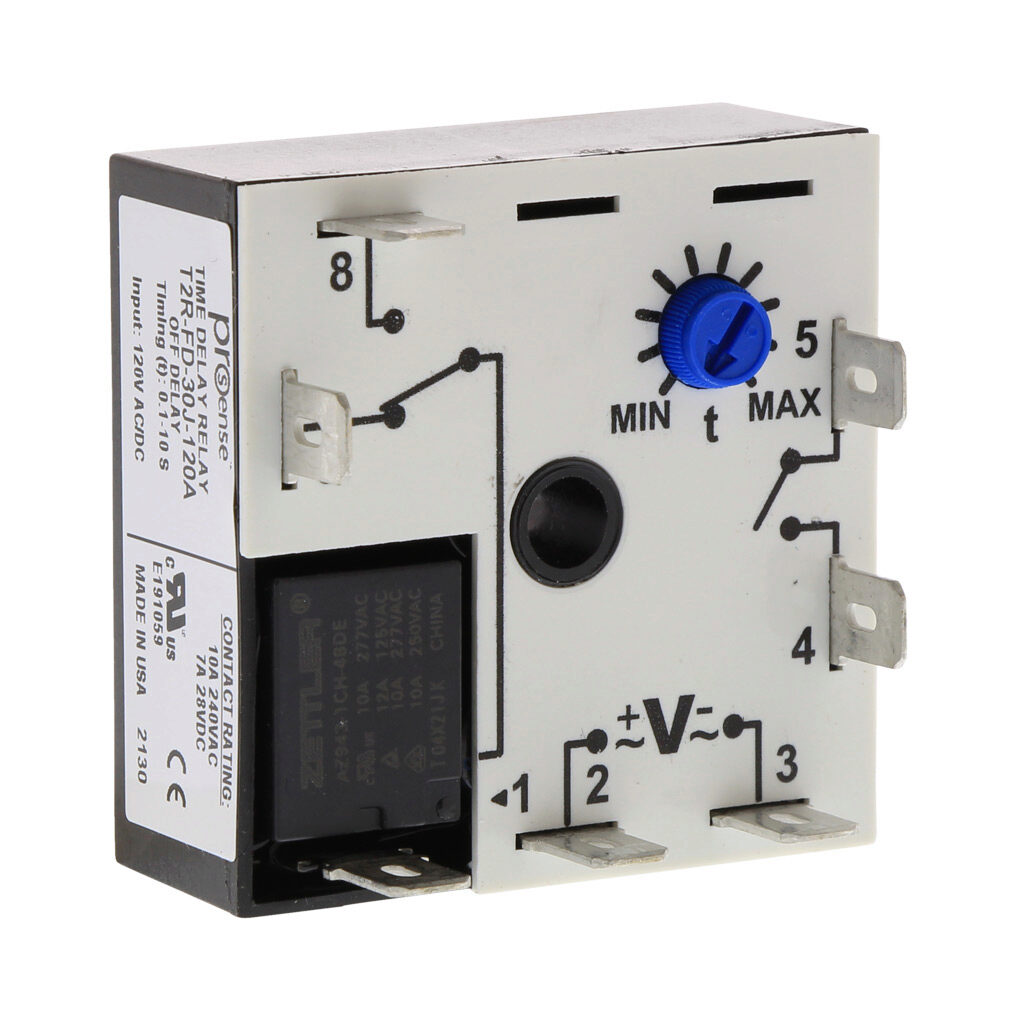 T2R-FD-30J-120A - ProSense off-delay relay timer, 0.1 to 10 seconds timing range, 120 VAC/VDC operating voltage, 10A contact rating, (1) SPDT timed relay output(s), surface mount, 1/4in male quick-connect terminal.