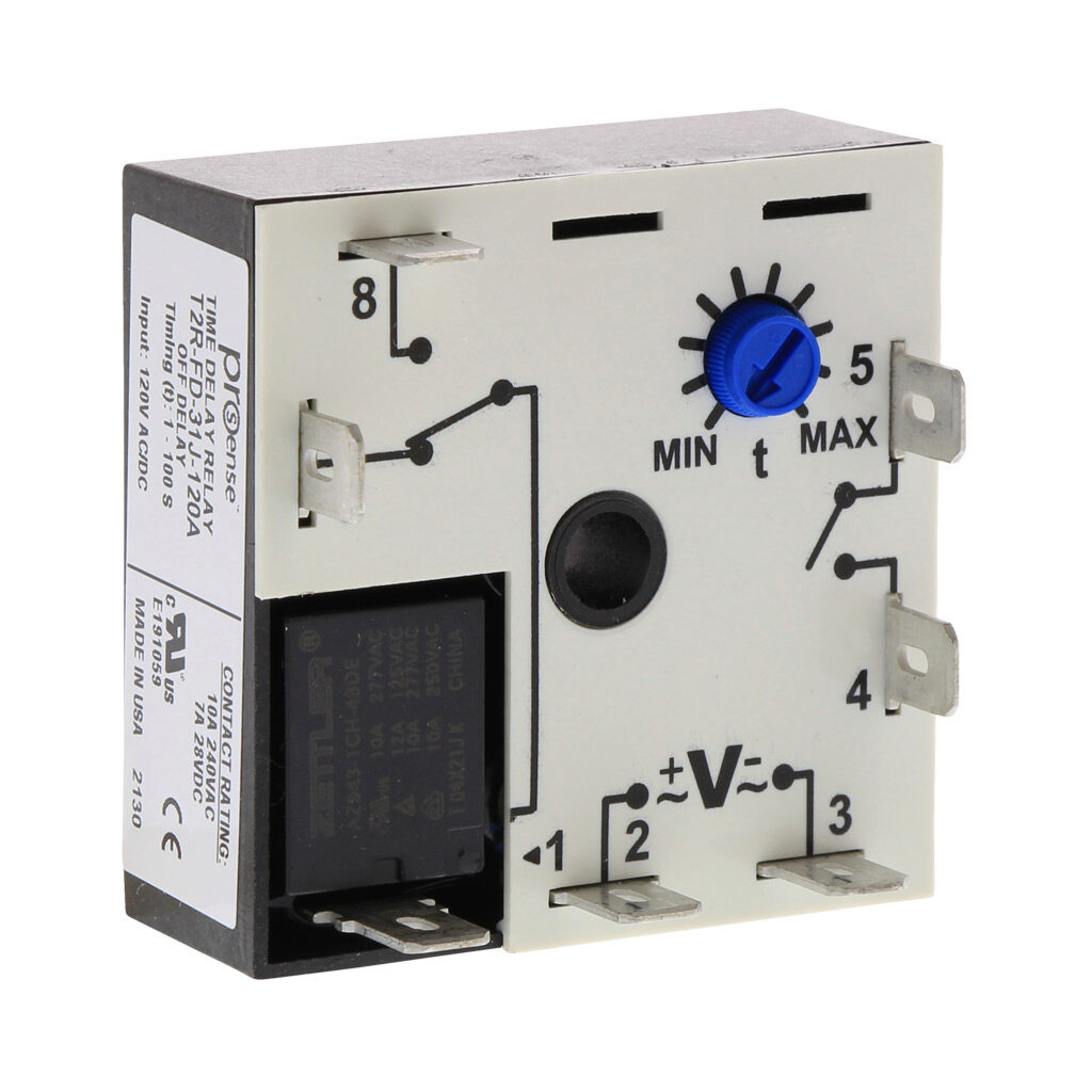 T2R-FD-31J-120A - ProSense off-delay relay timer, 1 to 100 seconds timing range, 120 VAC/VDC operating voltage, 10A contact rating, (1) SPDT timed relay output(s), surface mount, 1/4in male quick-connect terminal.