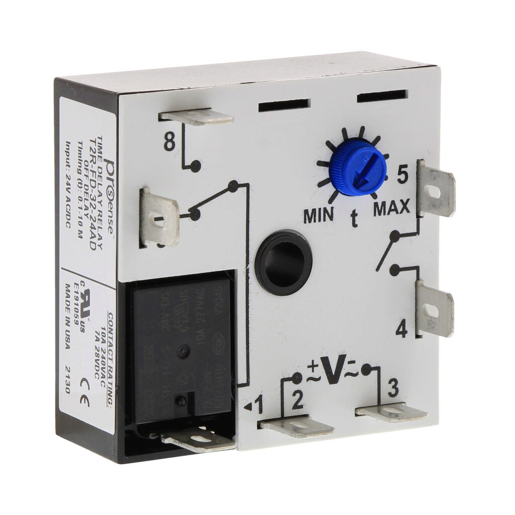 T2R-FD-32-24AD - ProSense off-delay relay timer, 0.1 to 10 minutes timing range, 24 VAC/VDC operating voltage, 10A contact rating, (1) SPDT timed relay output(s), surface mount, 1/4in male quick-connect terminal.