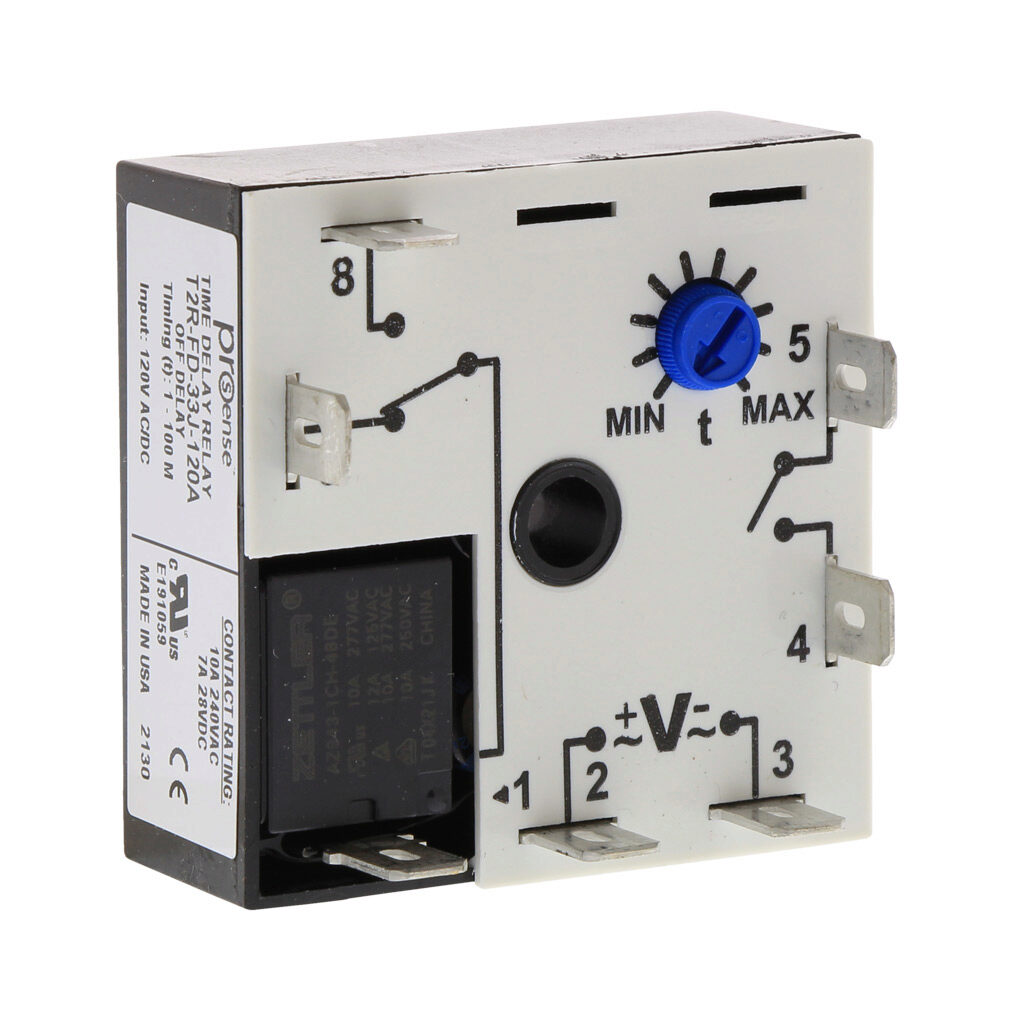 T2R-FD-33J-120A - ProSense off-delay relay timer, 1 to 100 minutes timing range, 120 VAC/VDC operating voltage, 10A contact rating, (1) SPDT timed relay output(s), surface mount, 1/4in male quick-connect terminal.