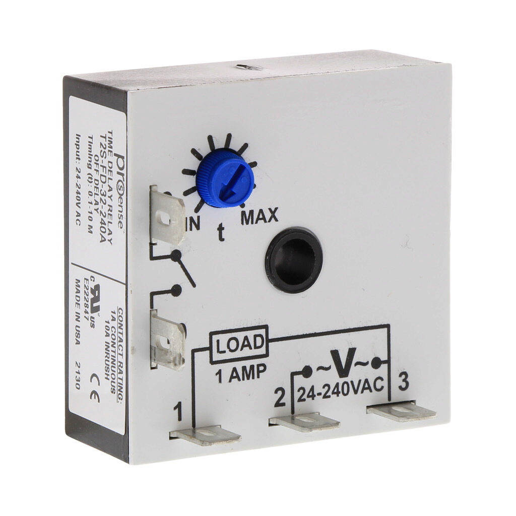 T2S-FD-32-240A - ProSense off-delay relay timer, 0.1 to 10 minutes timing range, 24-240 VAC operating voltage, 1A contact rating, (1) SPNO timed solid state relay output(s), surface mount, 1/4in male quick-connect terminal.